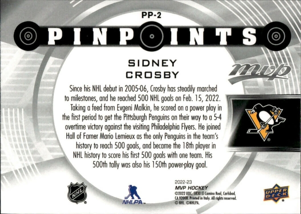 2022-23 Upper Deck MVP Hockey - Pinpoints #PP-2 Sidney Crosby - Pittsburgh Penguins