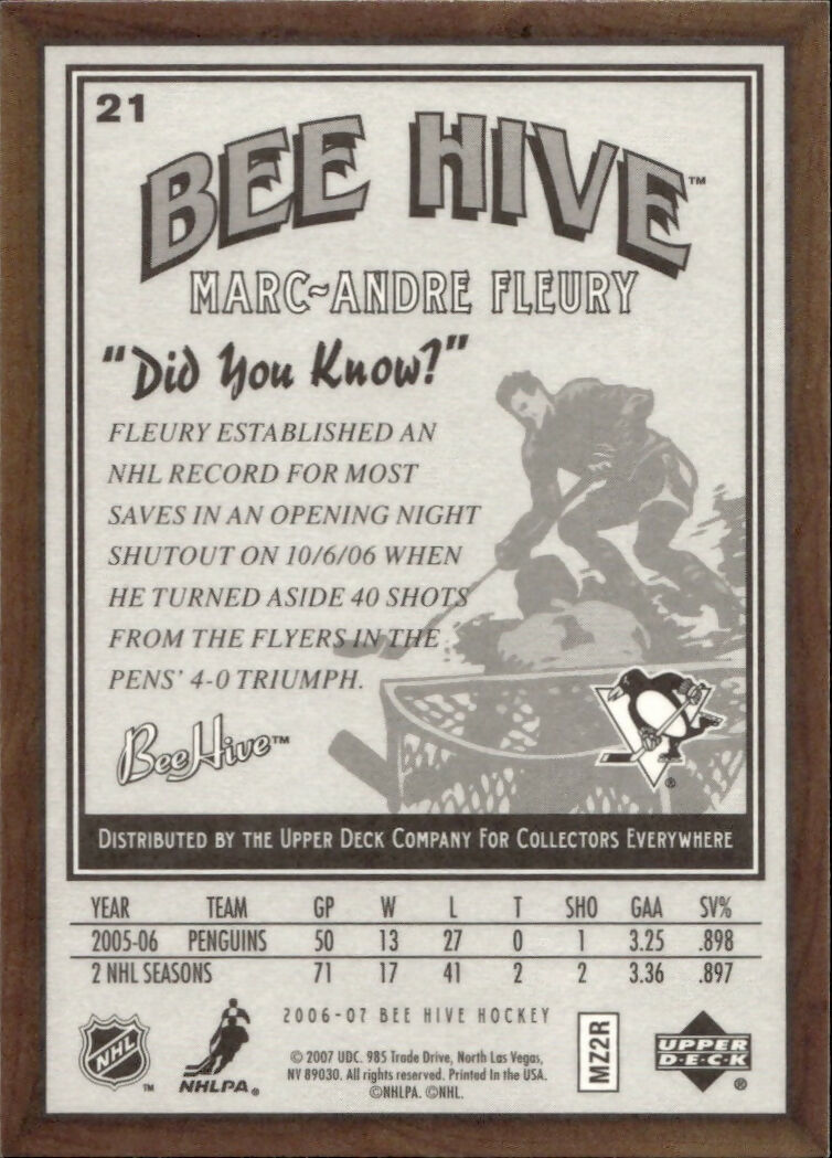2006-07 Upper Deck - Bee Hive Hockey - Base #21 Marc-Andre Fleury - Pittsburgh Penguins - B