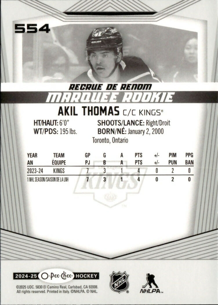 2024-25 Upper Deck O-Pee-Chee - Base - Marquee Rookie #554 Akil Thomas - Los Angeles Kings - B