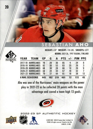 2022-23 Upper Deck SP Authentic Hockey - Base #20 Sebastian Aho - Carolina Hurricanes