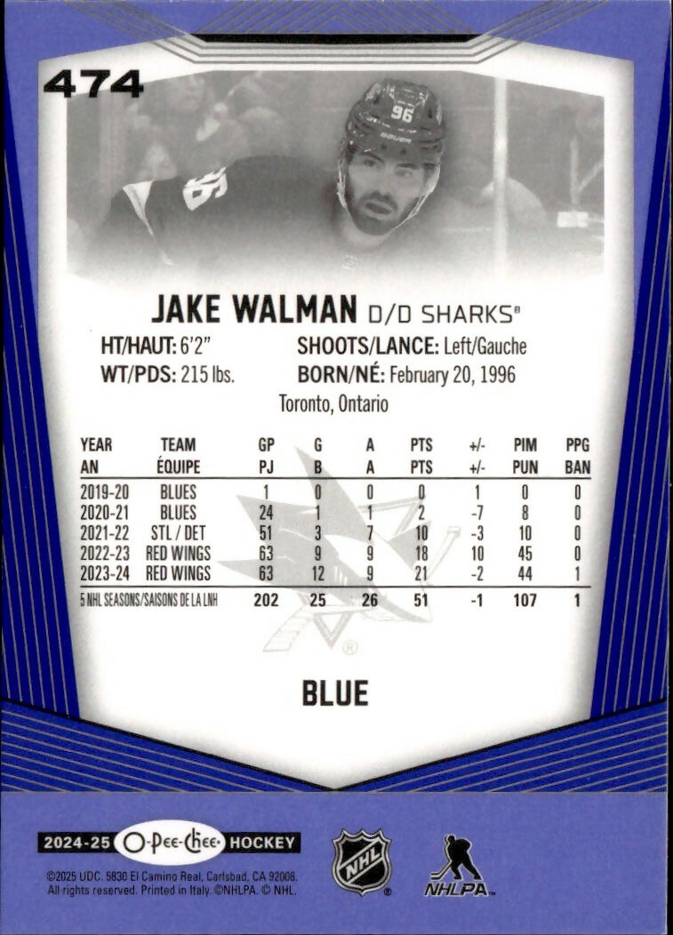 2024-25 Upper Deck O-Pee-Chee - Base - Blue #474 Jake Walman - San Jose Sharks - B