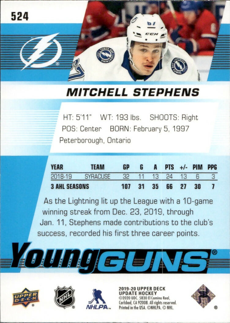 2019-20 Upper Deck Update Hockey - Base - Young Guns #524 Mitchell Stephens - Tampa Bay Lightning
