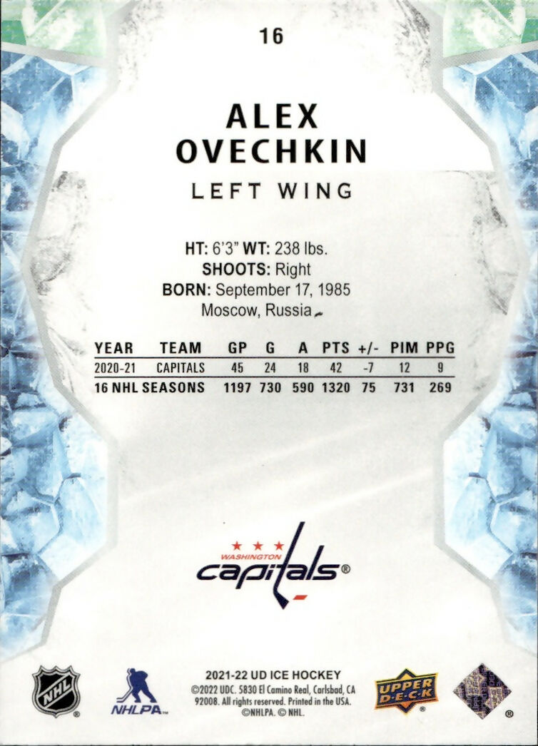 2021-22 Upper Deck Ice Hockey - Base #16 Alex Ovechkin - Washington Capitals - B