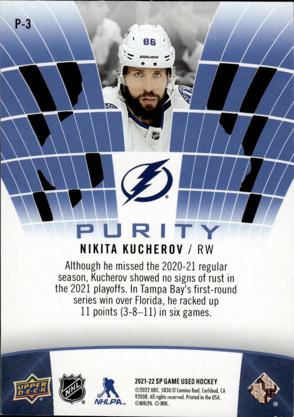 2021-22 Upper Deck SP Game Used Hockey - Purity /35 #P-3 Nikita Kucherov - Tampa Bay Lightning