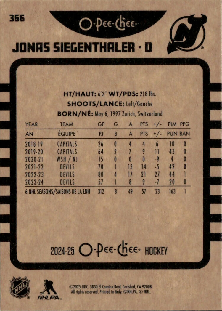 2024-25 Upper Deck O-Pee-Chee - Base - Retro #366 Jonas Siegenthaler - New Jersey Devils - B