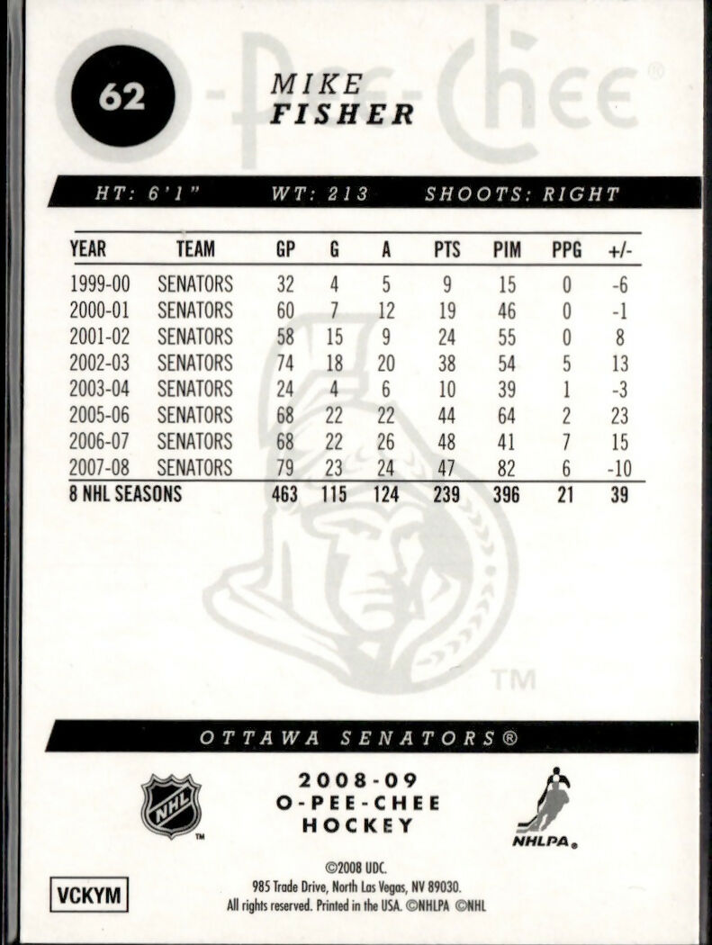 2008-09 O-Pee-Chee Hockey - Base - Rainbow Foil #62 Mike Fisher - Ottawa Senators - B