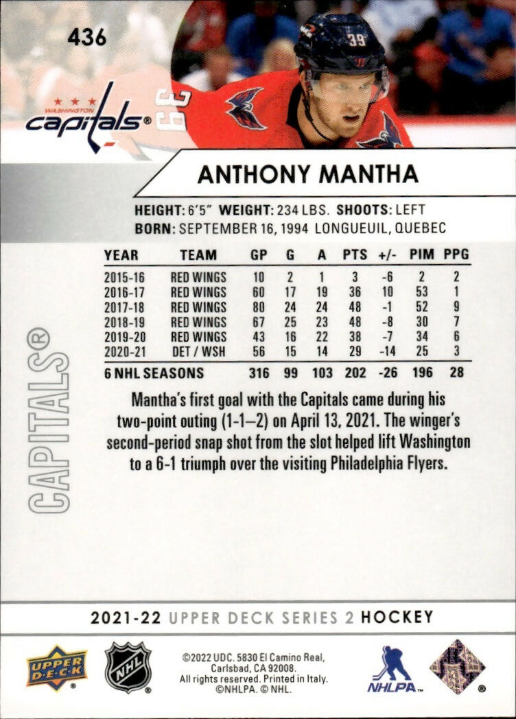 2021-22 Upper Deck Series 2 Hockey - Base #436 Anthony Mantha - Washington Capitals - B