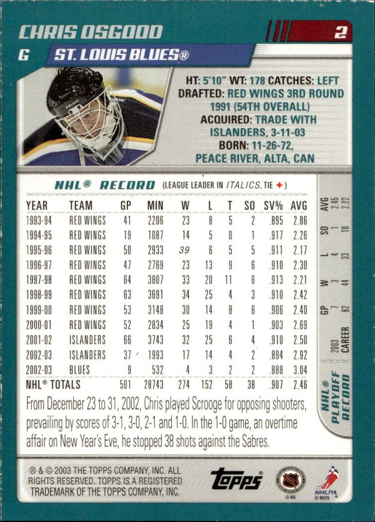 2003-04 O-Pee-Chee - Base - Blue :500 #2 Chris Osgood - St. Louis Blues - B