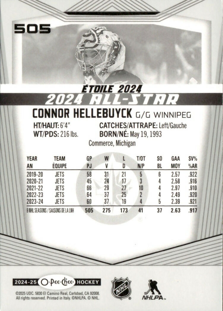 2024-25 Upper Deck O-Pee-Chee - Base - All Star #505 Connor Hellebuyck - Winnipeg Jets - B