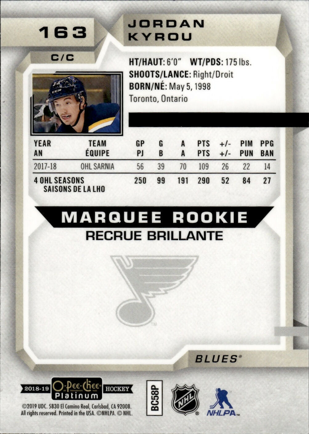 2018-19 O-Pee-Chee Platinum Hockey - Base - Marquee Rookie #163 Jordan Kyrou - St. Louis Blues