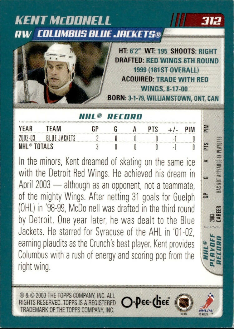 2003-04 O-Pee-Chee - Base #312 Kent McDonell - Columbus Blue Jackets - B