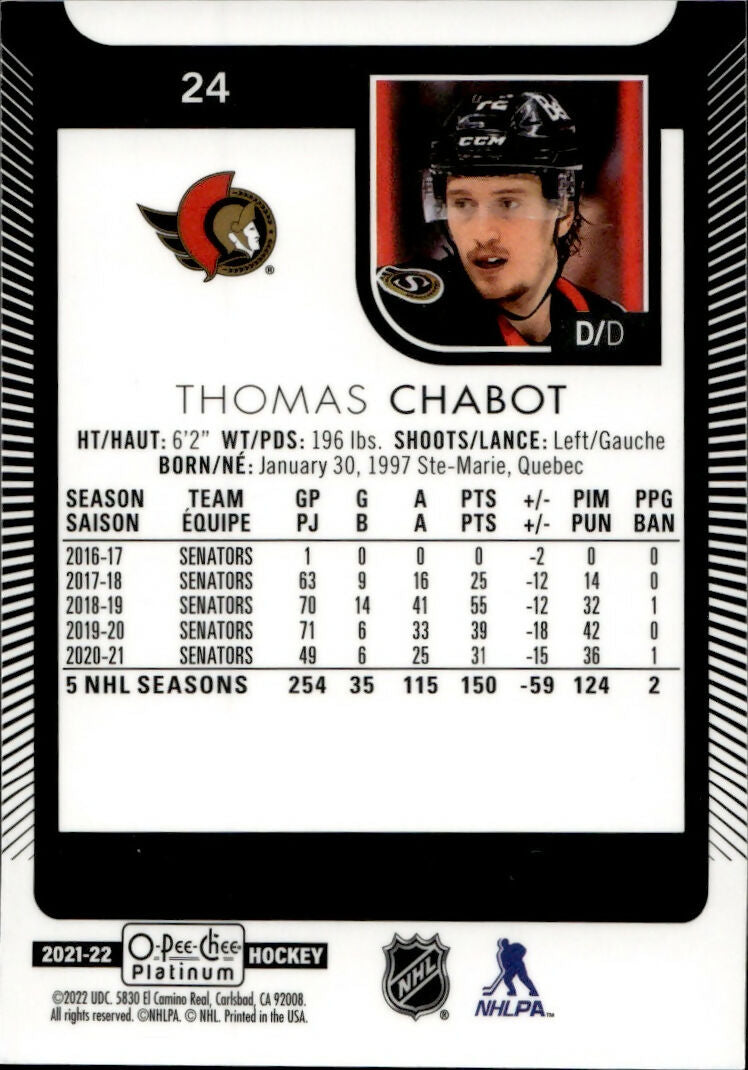 2021-22 Upper Deck O-Pee-Chee Platinum Hockey - Base #24 Thomas Chabot - Ottawa Senators - B