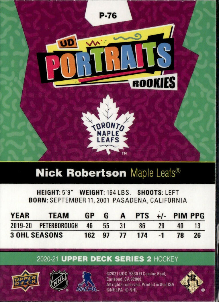2020-21 Upper Deck UD Portraits #P-76 Nick Robertson Toronto Maple Leafs