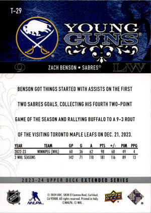 2023-24 Upper Deck Extended Series Hockey - 2008-09 Upper Deck Retro - Young Guns #T-29 Zach Benson - Buffalo Sabres - B