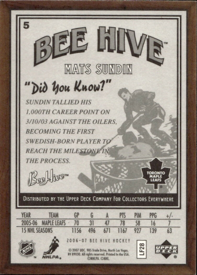 2006-07 Upper Deck - Bee Hive Hockey - Base #5 Mats Sandin - Toronto Maple Leafs - B