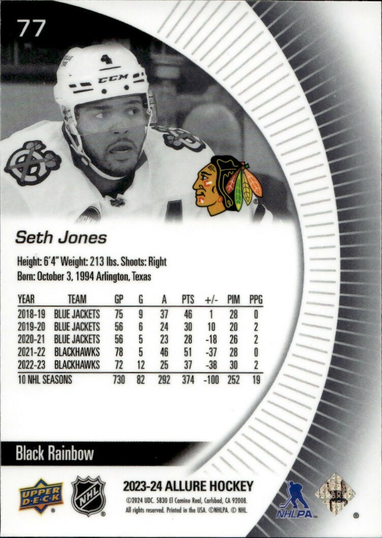 2023-24 Upper Deck Allure Hockey - Base - Black Rainbow #77 Seth Jones - Chicago Blackhawks - B