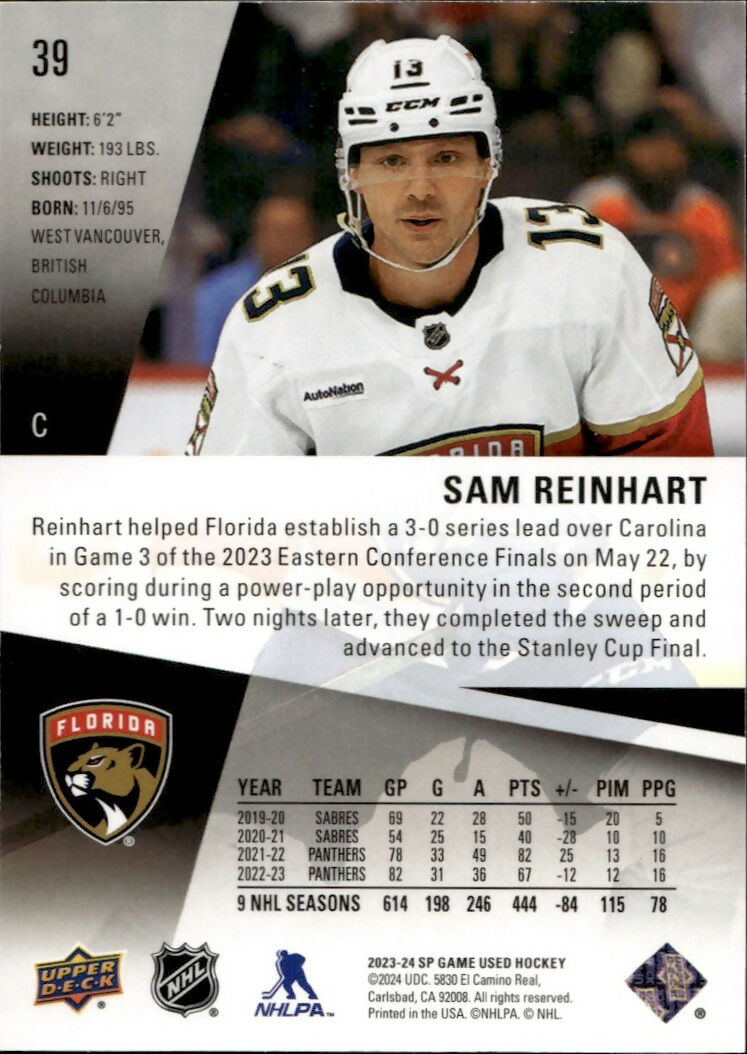 2023-24 Upper Deck SP Game Used Hockey - Base :114 #39 Sam Reinhart - Florida Panthers - B