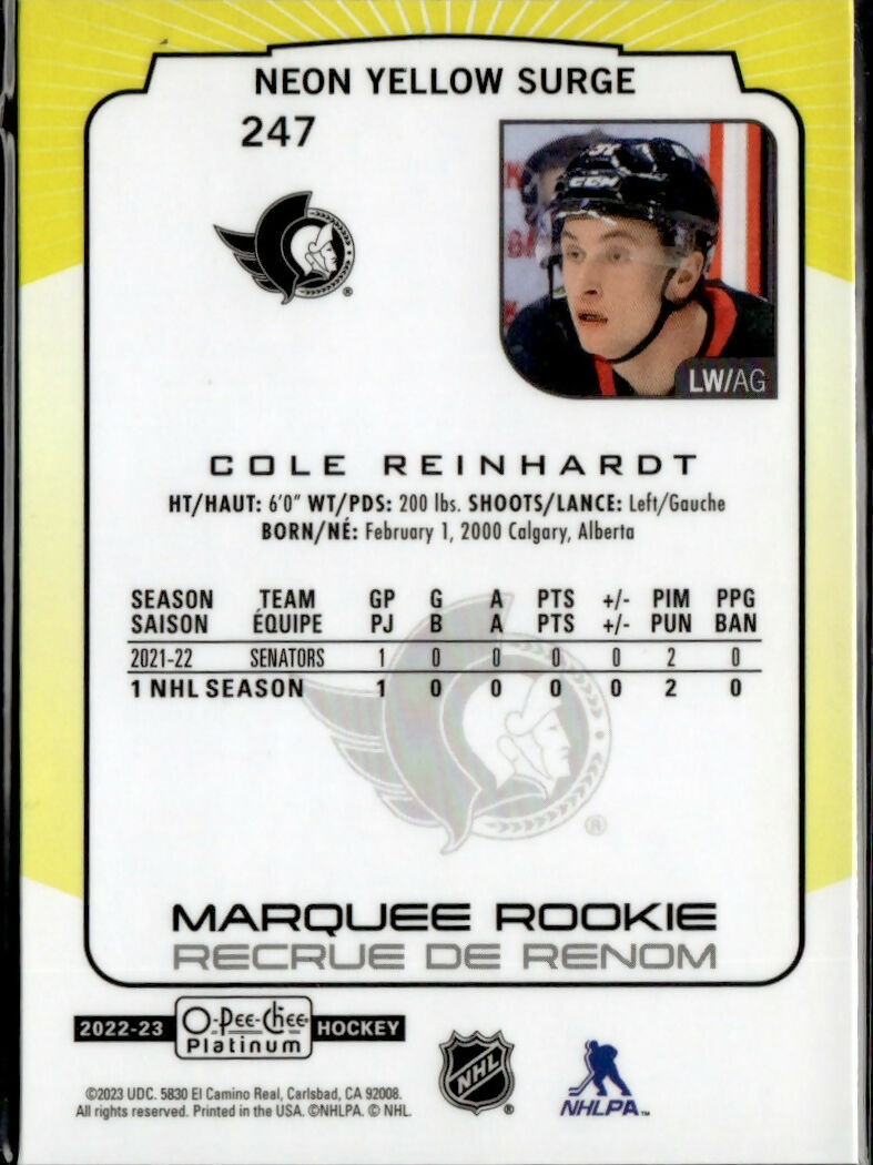 2022-23 Upper Deck O-Pee-Chee Platinum Hockey - Base - Neon Yellow Surge #247 Cole Reinhardt - Ottawa Senators - B