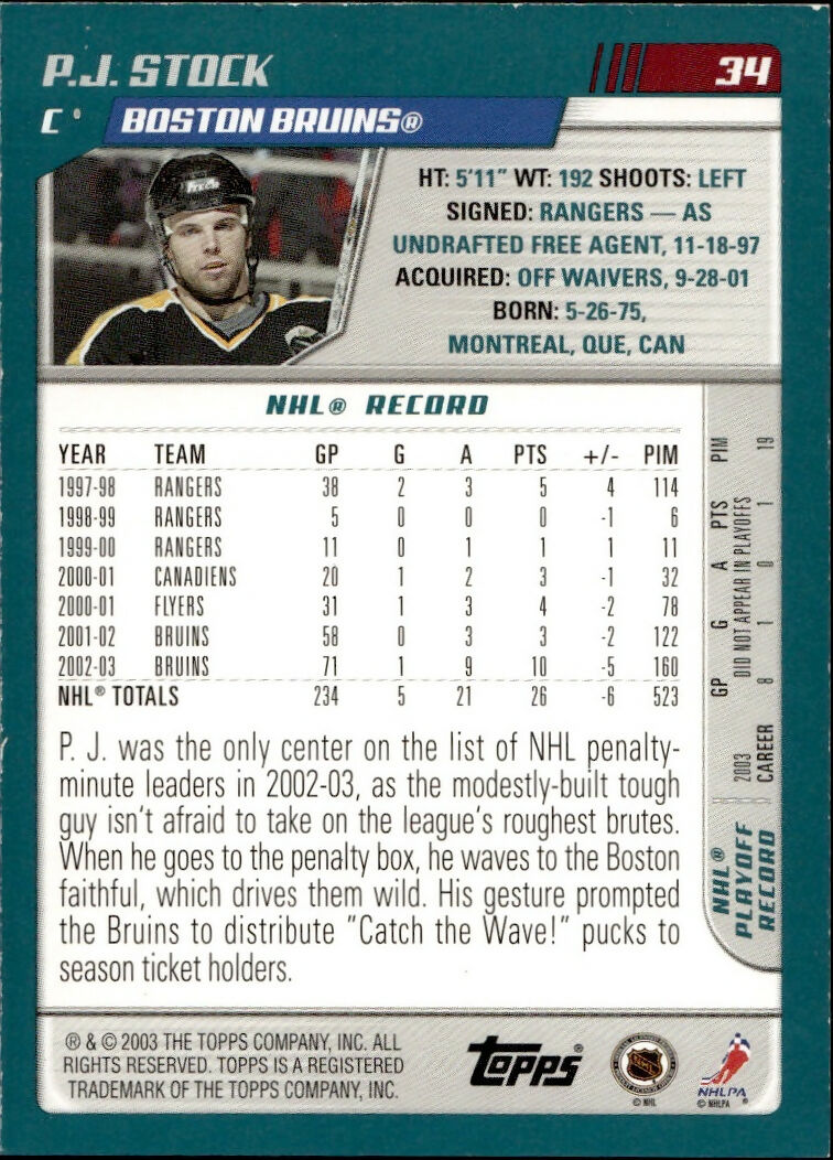 2003-04 O-Pee-Chee - Base - Gold :50 #34 P.J. Stock - Boston Bruins - B