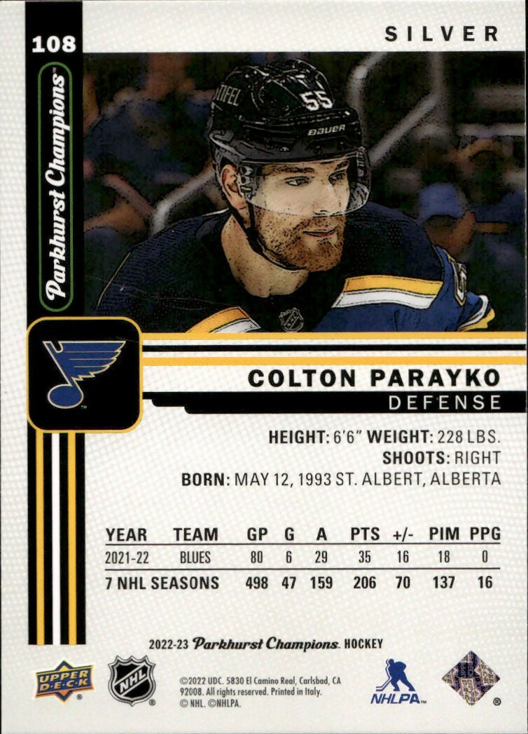 2022-23 Upper Deck Parkhurst Champions - Base - Silver #108 Colton Parayko - St Louis Blues - B