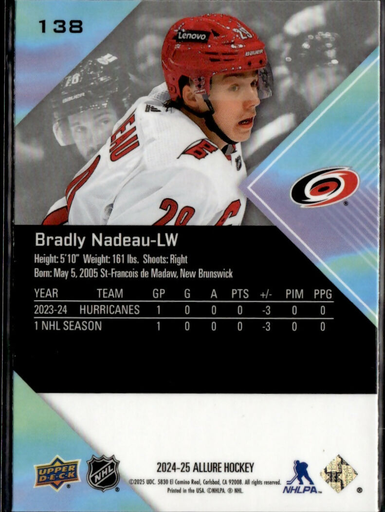 2024-25 Upper Deck Allure Hockey - Base - Rookie #138 Bradley Nadeau - Carolina Hurricanes - B