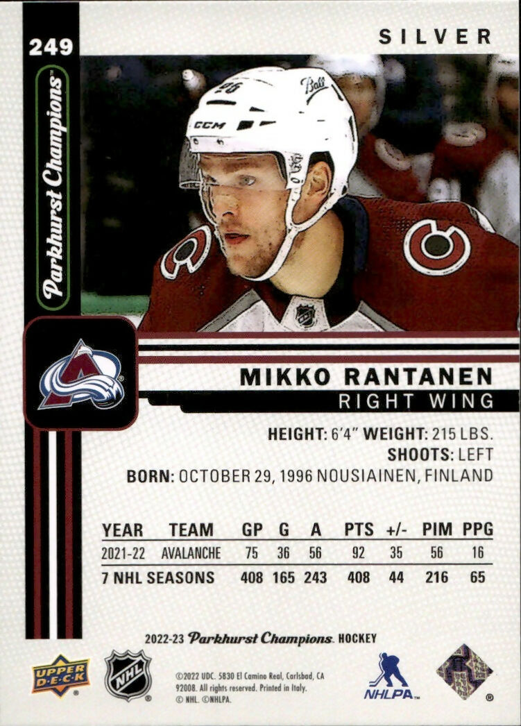 2022-23 Upper Deck Parkhurst Champions - Base - Silver #249 Mikko Rantanen - Colorado Avalanche - B