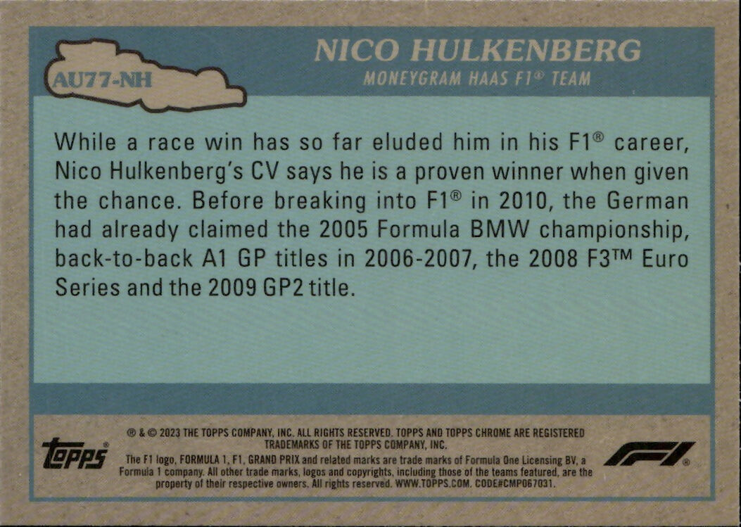 2023 Topps Chrome Formula 1 Autos of 1977 #AU77-NH Nico Hulkenberg - Moneygram Haas F1 Team - B