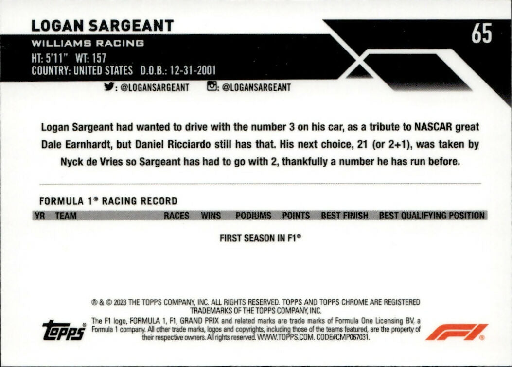 2023 Topps Chrome Formula 1 Base #65 - F1 Drivers - Refractor - Purple Green Logan Sargeant - Williams Racing - B