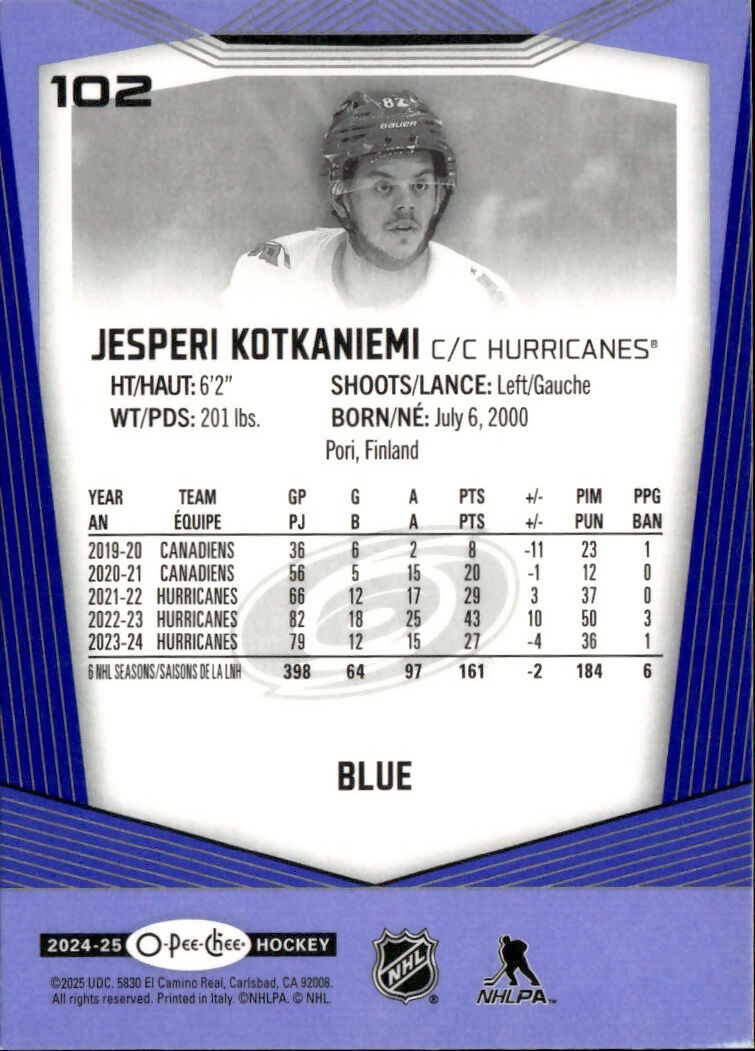 2024-25 Upper Deck O-Pee-Chee - Base - Blue #102 Jesperi Kotkaniemi - Carolina Hurricanes - B