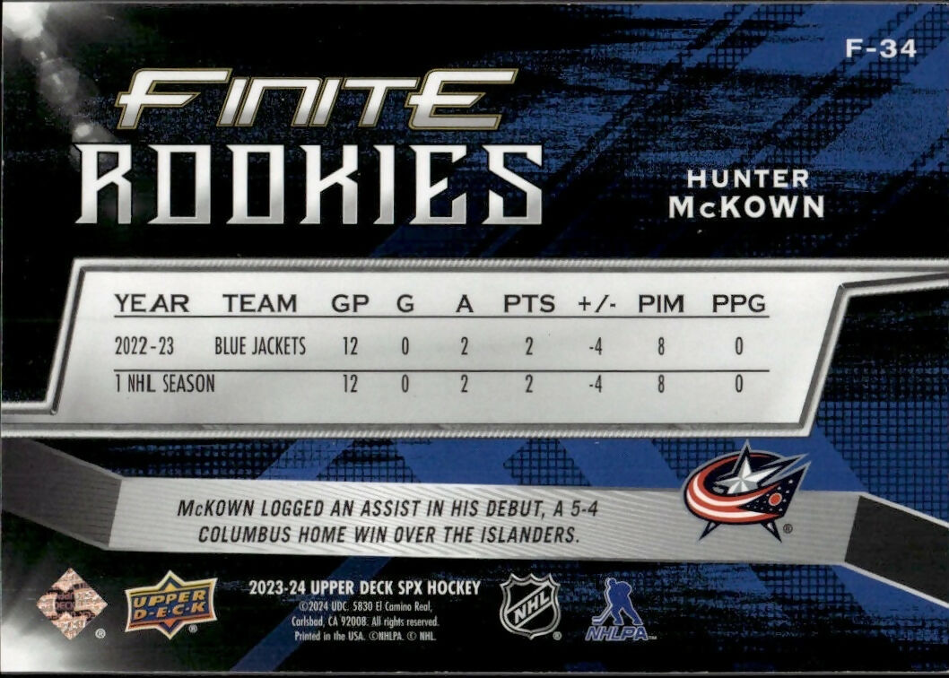 2023-24 Upper Deck SPX Hockey - Finite Rookies :799 #F-34 Hunter McKown - Columbus Blue Jackets - B