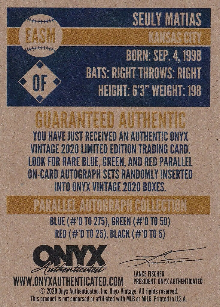 2020 Onyx Vintage Extended Autographs Blue Auto #EASM Seuly Matias Kansas City Royals