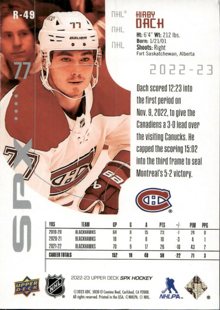 2022-23 Upper Deck SPX Hockey - 2002-03 SPx Retro #R-49 Kirby Dach - Montreal Canadiens - B
