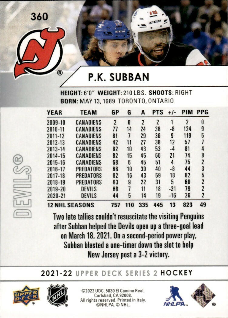 2021-22 Upper Deck Series 2 Hockey - Base #360 P.K. Subban - New Jersey Devils - B