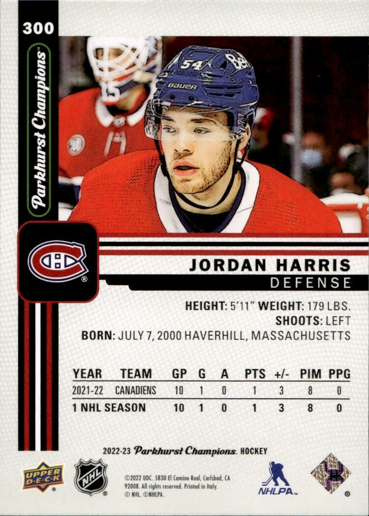 2022-23 Upper Deck Parkhurst Champions - Base #300 Jordan Harris - Montreal Canadiens - B