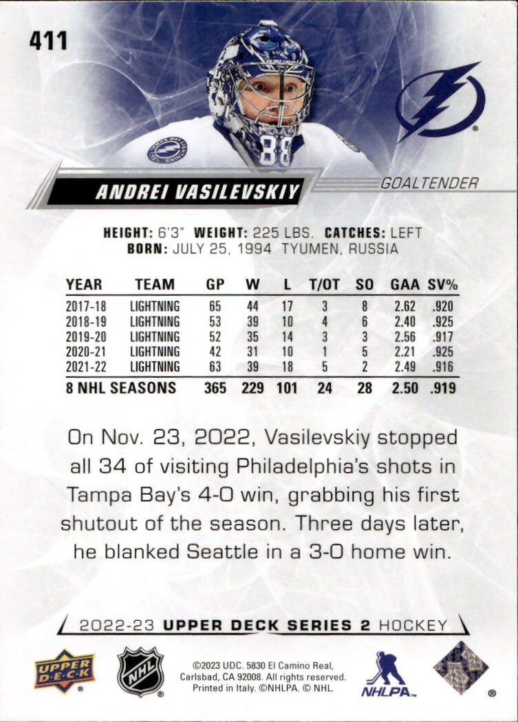 2022-23 Upper Deck Series 2 Hockey - Base #411 Andrei Vasilevskiy - Tampa Bay Lightning - B