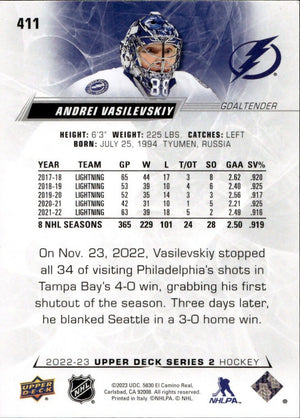 2022-23 Upper Deck Series 2 Hockey - Base #411 Andrei Vasilevskiy - Tampa Bay Lightning - B