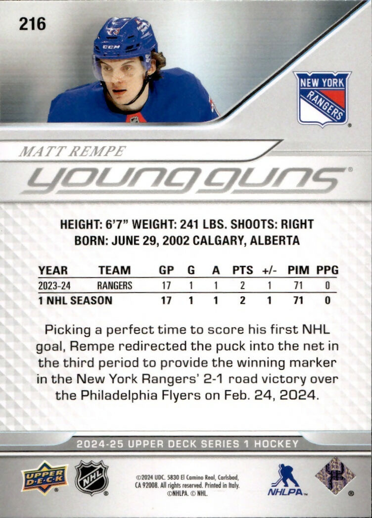 2024-25 Upper Deck Series 1 Hockey - Base - Young Guns #216 Matt Rempe - New York Rangers - B