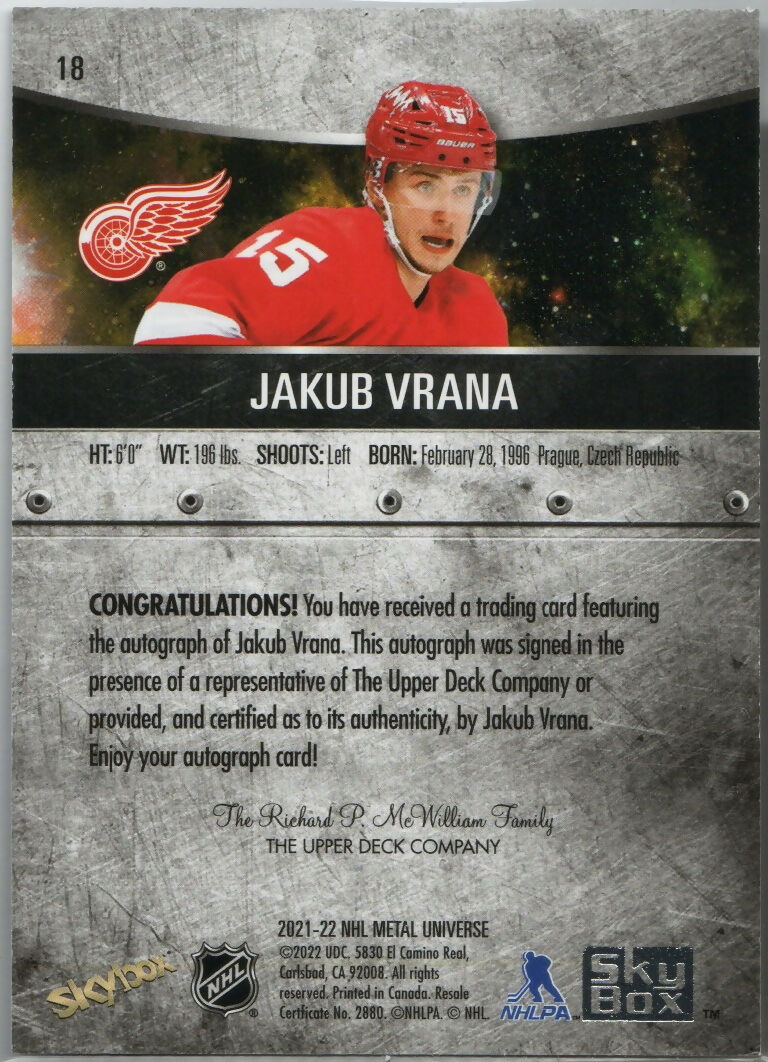 2021-22 Upper Deck Skybox Metal Universe Hockey - Base - Auto #18 Jakub Vrana - Detroit Red Wings - B 