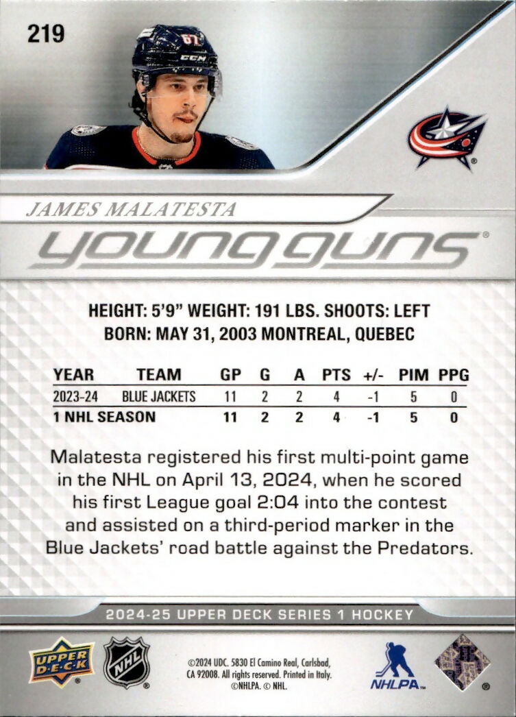 2024-25 Upper Deck Series 1 Hockey - Base - Young Guns #219 James Malatesta - Columbus Blue Jackets - B