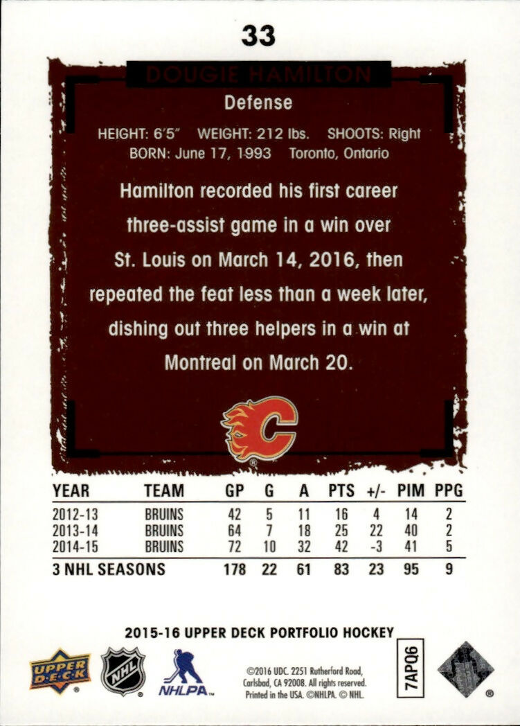 2015-16 Upper Deck Portfolio Hockey - Base #33 Dougie Hamilton - Calgary Flames