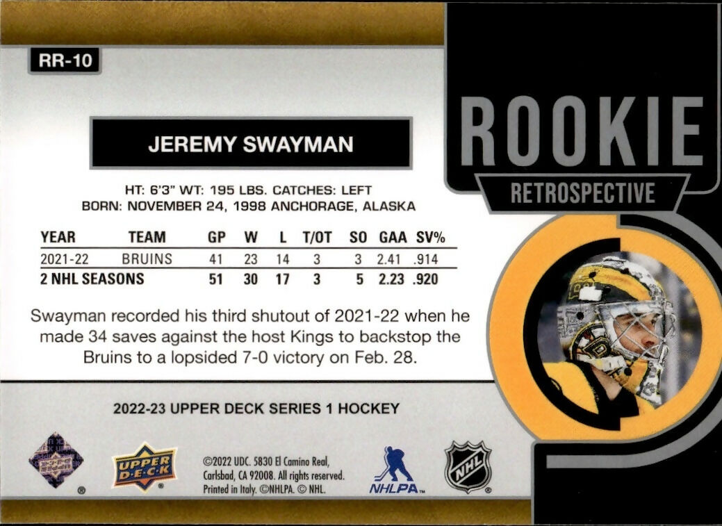 2022-23 Upper Deck Series 1 Hockey - Rookie Retrospect #RR-10 Jeremy Swayman - Boston Bruins - B