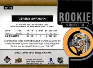 2022-23 Upper Deck Series 1 Hockey - Rookie Retrospect #RR-10 Jeremy Swayman - Boston Bruins - B