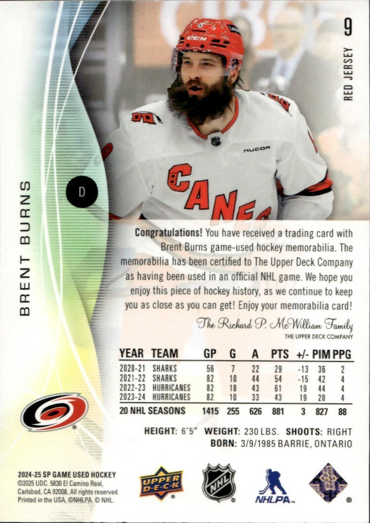 2024-25 Upper Deck SP Game Used Hockey - Base - Red Jersey #9 Brent Burns - Carolina Hurricanes - B