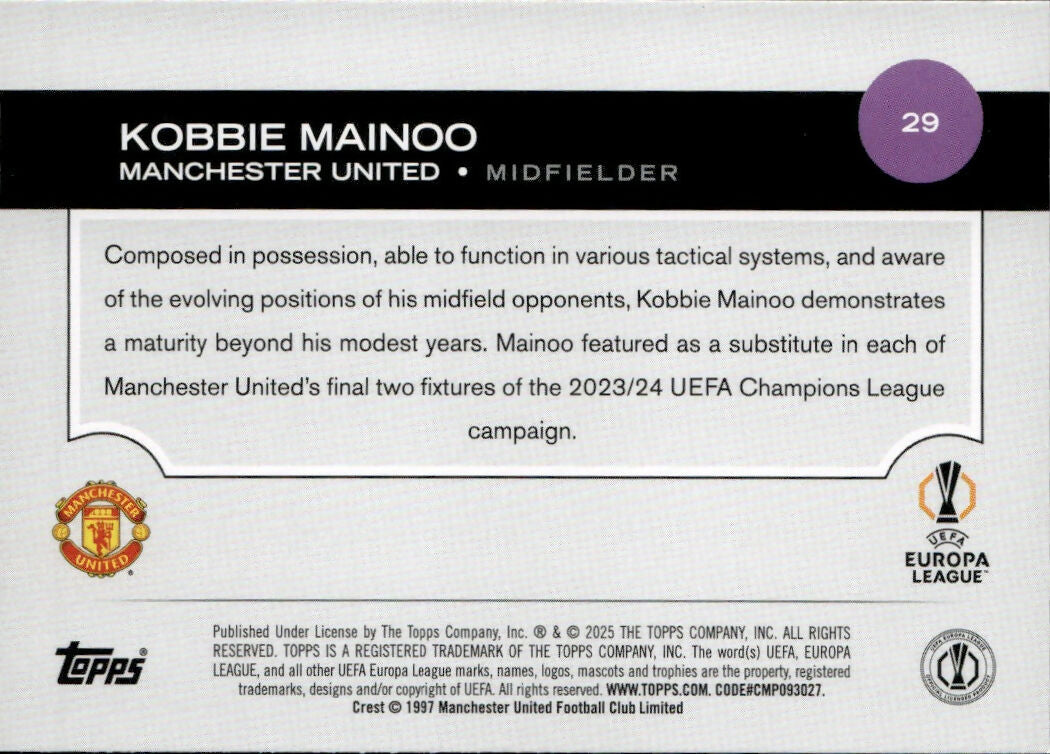 2024-25 Topps UEFA Club Competitions - Base #29 Kobbie Mainoo - Manchester United - B