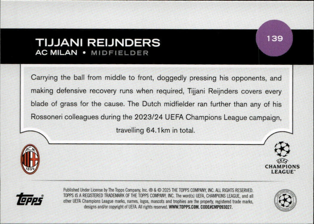2024-25 Topps UEFA Club Competitions - Base #139 Tijjani Reijnders - AC Milan - B