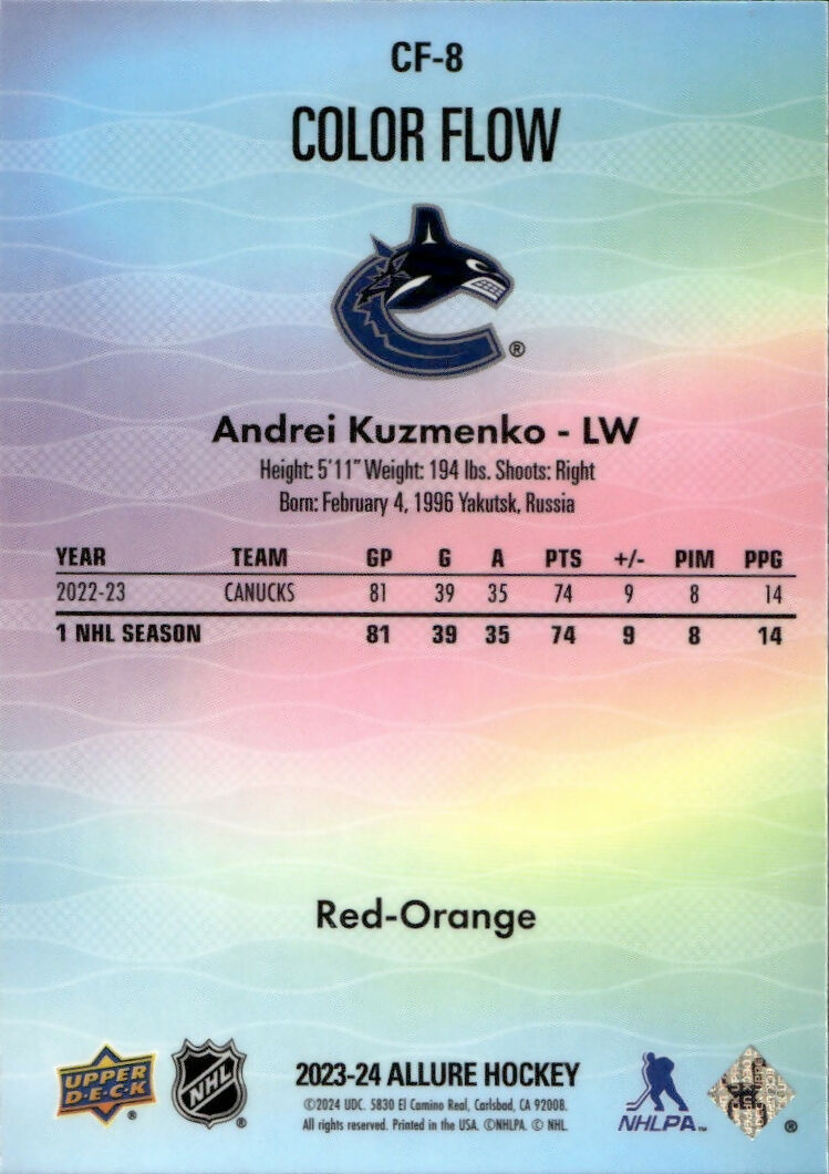 2023-24 Upper Deck Allure Hockey - Color Flow - Red-Orange Spectrum #CF-8 Andrei Kuzmenko - Vancover Canucks - B