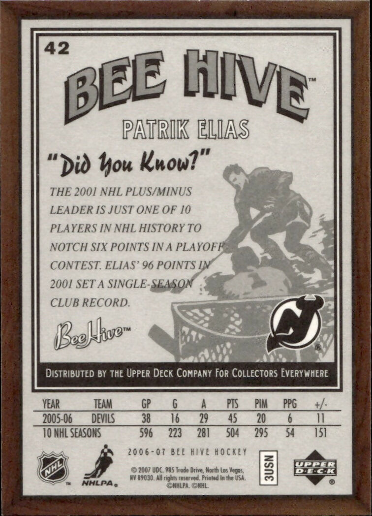 2006-07 Upper Deck - Bee Hive Hockey - Base #42 Patrik Elias - New Jersey Devils - B