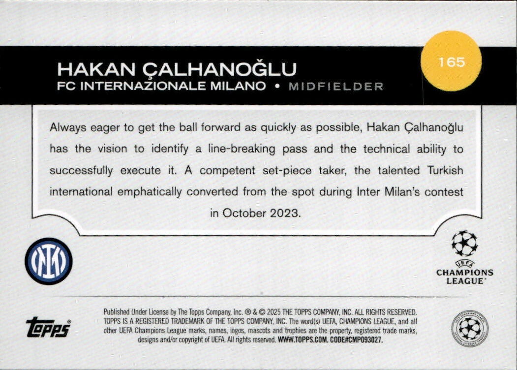 2024-25 Topps UEFA Club Competitions - Base #165 Hakan Calhanoglu - FC Internazionale Milano - B