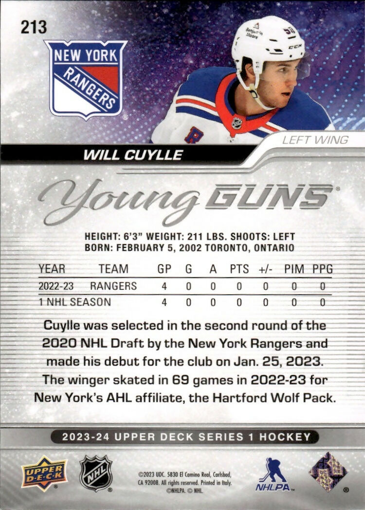 2023-24 Upper Deck Series 1 Hockey - Base - Young Guns #213 Will Cuylle - New York Rangers