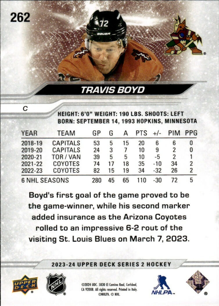 2023-24 Upper Deck Series 2 Hockey - Base #262 Travis Boyd - Arizona Coyotes - B